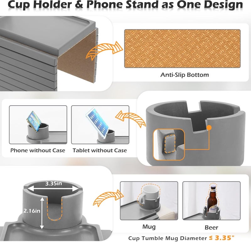 GHKINMAL Couch Cup Holder Tray, Large Couch Arm Table with 360° Ratated Phone Holder, 3 in 1 Bamboo Sofa Armrest Tray with Anti-Slip Couch Organizer for Remote,Cellphone,Snacks - Image 4